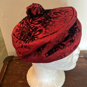 Vintage Elegant Red and Black Silk Dome Bucket Hat by Ferncroft